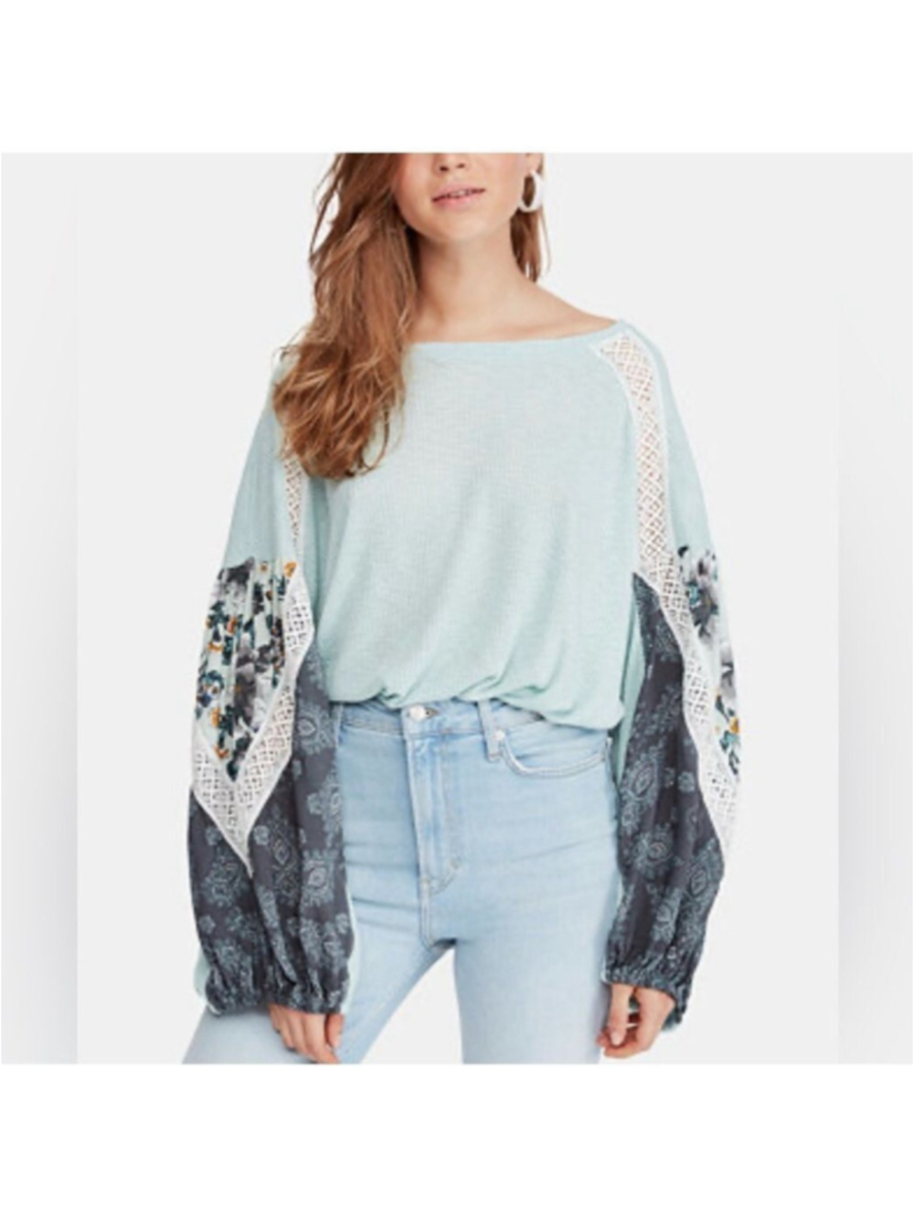 Free People Casual Clash Top Oversize XS balloon sleeve aqua lace Bohemian